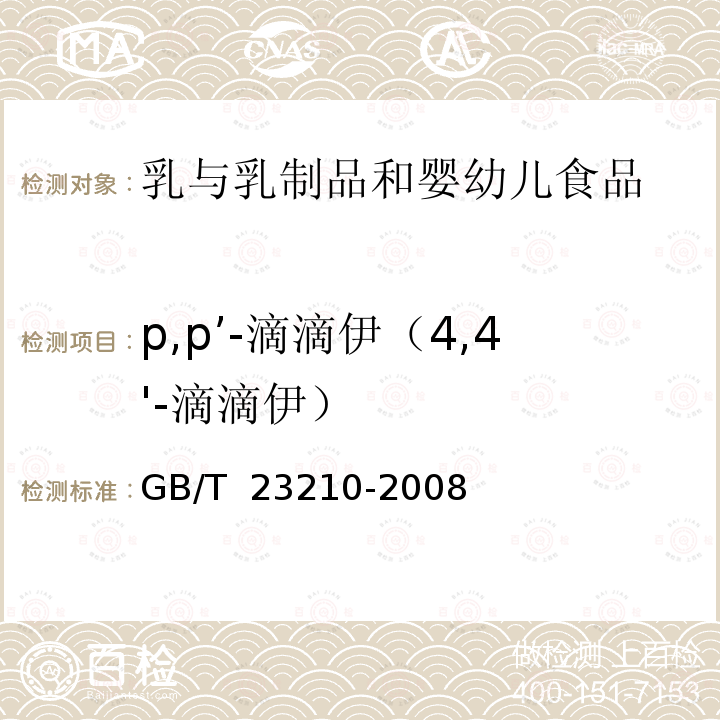 p,p’-滴滴伊（4,4'-滴滴伊） GB/T 23210-2008 牛奶和奶粉中511种农药及相关化学品残留量的测定 气相色谱-质谱法