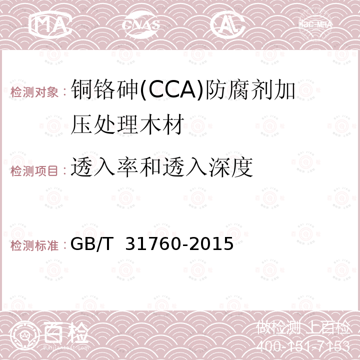 透入率和透入深度 《铜铬砷(CCA)防腐剂加压处理木材》 GB/T 31760-2015