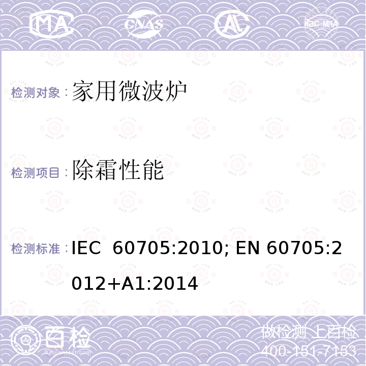 除霜性能 家用微波炉-性能测试方法 IEC 60705:2010; EN 60705:2012+A1:2014