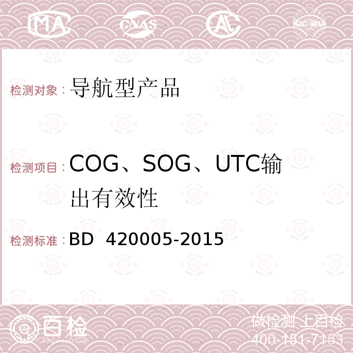 COG、SOG、UTC输出有效性 20005-2015 北斗/全球卫星导航系统（GNSS）导航单元性能要求及测试方法 BD 4