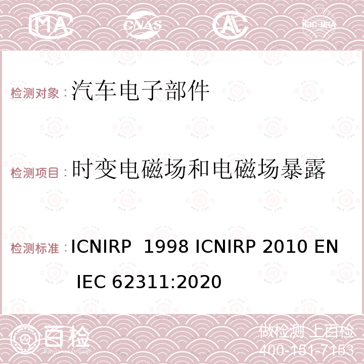 时变电磁场和电磁场暴露 IEC 62311:2020 限制时变电场，磁场和电磁场暴露的导则限制时变电厂和磁场暴露的导则人体电磁场暴露 ICNIRP 1998 ICNIRP 2010 EN 