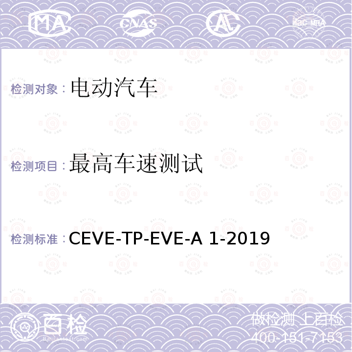 最高车速测试 CEVE-TP-EVE-A 1-2019 纯电动汽车 体验 测试规程 CEVE-TP-EVE-A1-2019