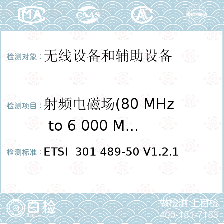 射频电磁场(80 MHz to 6 000 MHz ) 第50部分: 手机通讯基站和附属设备的特殊要求的特殊要求 ETSI 301 489-50 V1.2.1