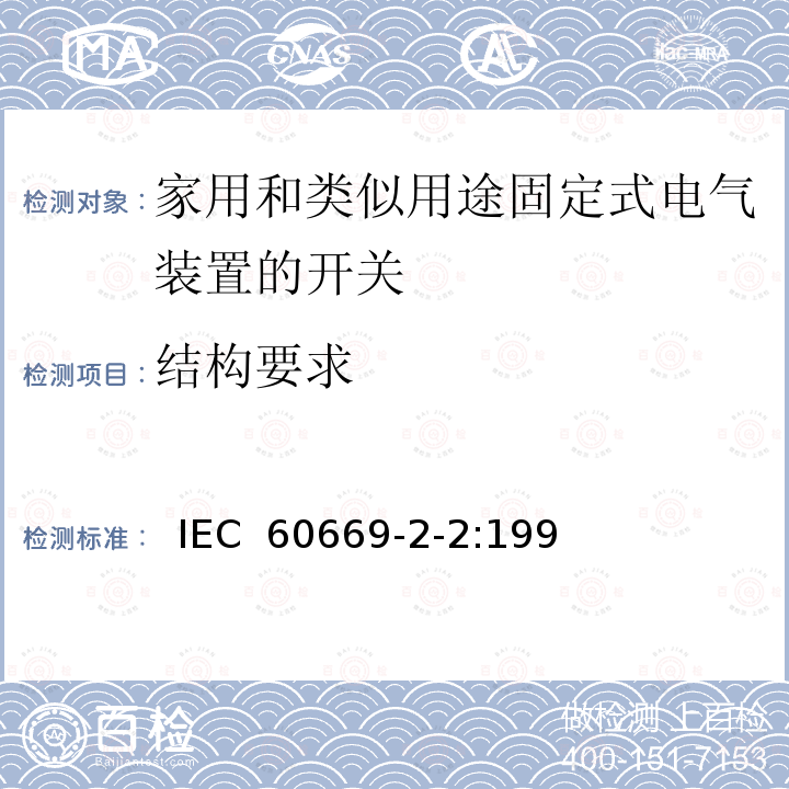 结构要求 家用和类似用途固定式电气装置的开关第2部分:特殊要求第2节:遥控开关（RCS）  IEC 60669-2-2:1996