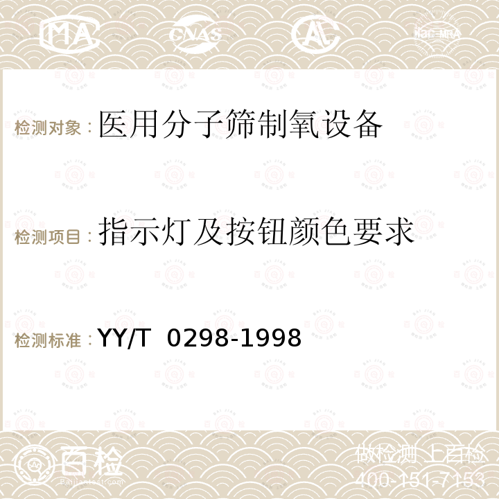 指示灯及按钮颜色要求 YY/T 0298-1998 医用分子筛制氧设备通用技术规范