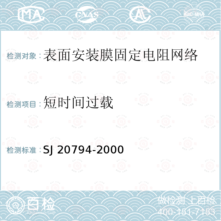 短时间过载 SJ 20794-2000 表面安装膜固定电阻网络总规范 SJ20794-2000