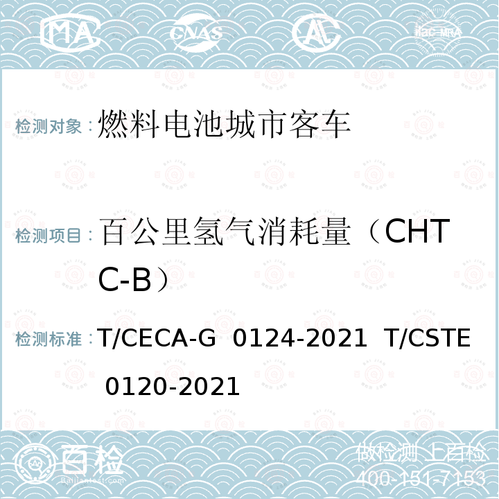 百公里氢气消耗量（CHTC-B） T/CECA-G 0124-2021 “领跑者”标准评价要求 燃料电池城市客车   T/CSTE 0120-2021