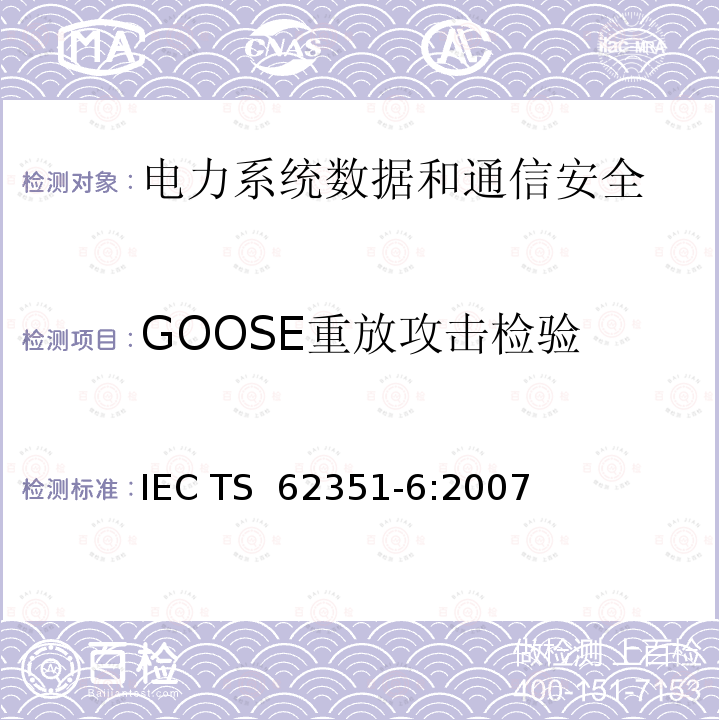 GOOSE重放攻击检验 电力系统管理及其信息交换 数据和通信安全 第6部分：IEC 61850的安全 IEC TS 62351-6:2007