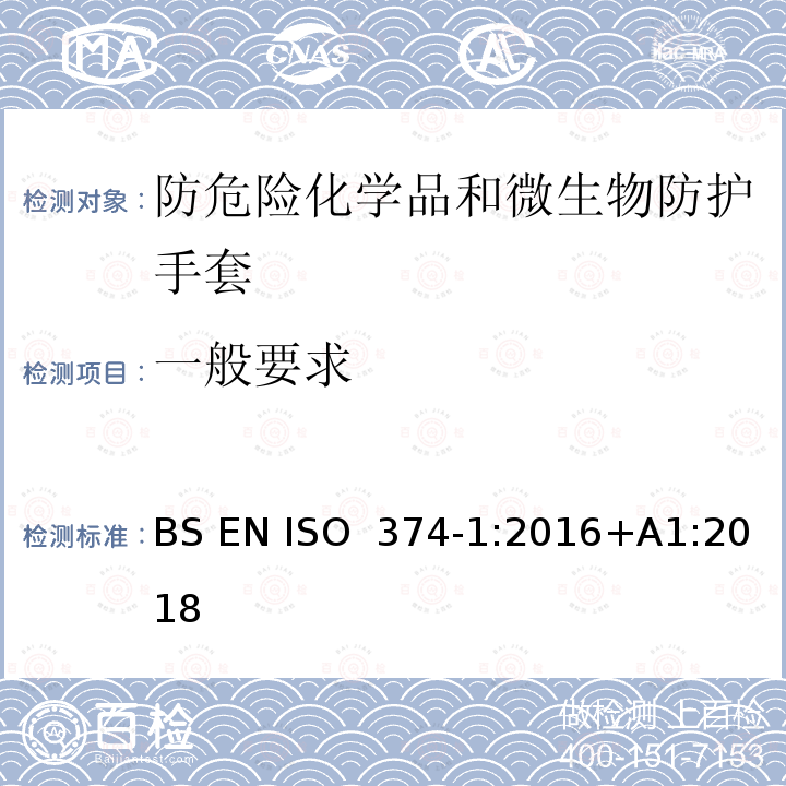 一般要求 BS EN ISO  374‑1:2016+A1:2018 防危险化学品和微生物防护手套-第1部分：化学品风险术语和性能要求 BS EN ISO 374‑1:2016+A1:2018