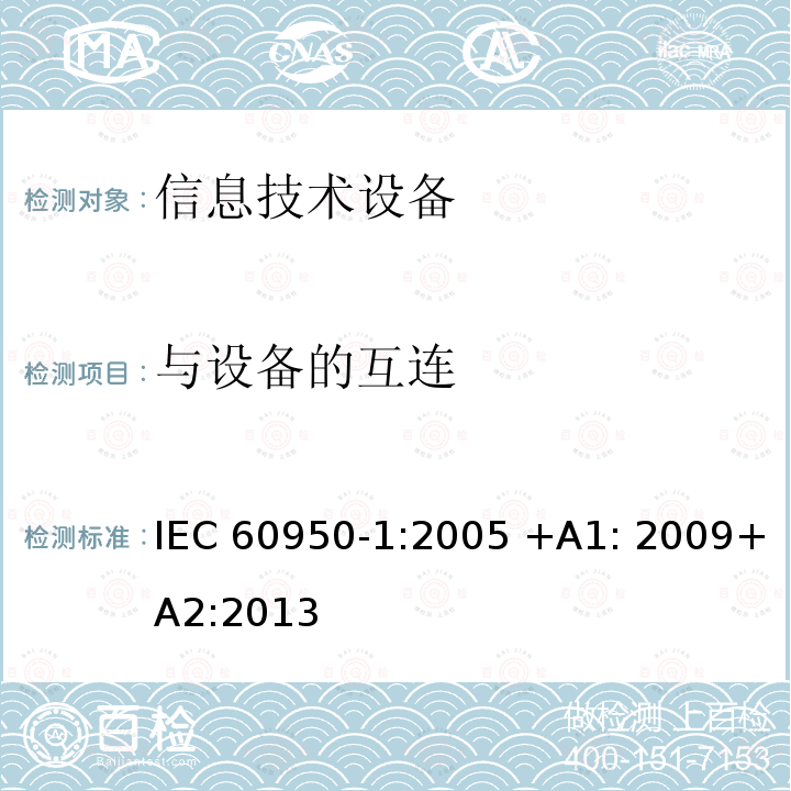 与设备的互连 信息技术设备 安全 第1部分：一般要求 IEC60950-1:2005 +A1: 2009+A2:2013