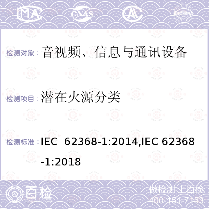 潜在火源分类 音视频、信息与通讯设备1部分:安全 IEC 62368-1:2014,IEC 62368-1:2018