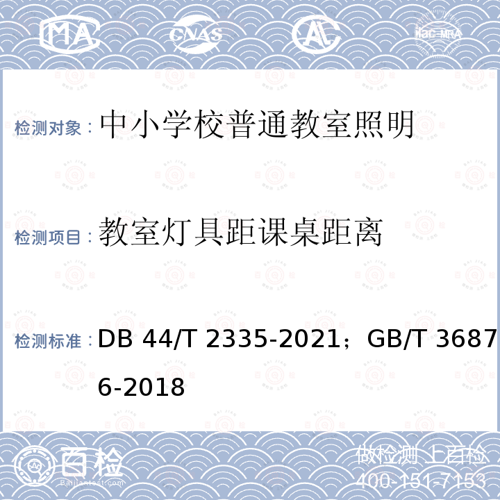 教室灯具距课桌距离 中小学校教室照明技术规范；中小学校普通教室照明设计安装卫生要求 DB44/T 2335-2021；GB/T 36876-2018