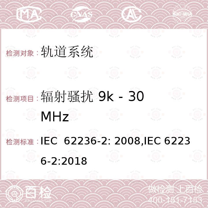 辐射骚扰 9k - 30MHz 轨道交通 电磁兼容性 第2部分:整个轨道系统对外界的发射 IEC 62236-2: 2008,IEC 62236-2:2018