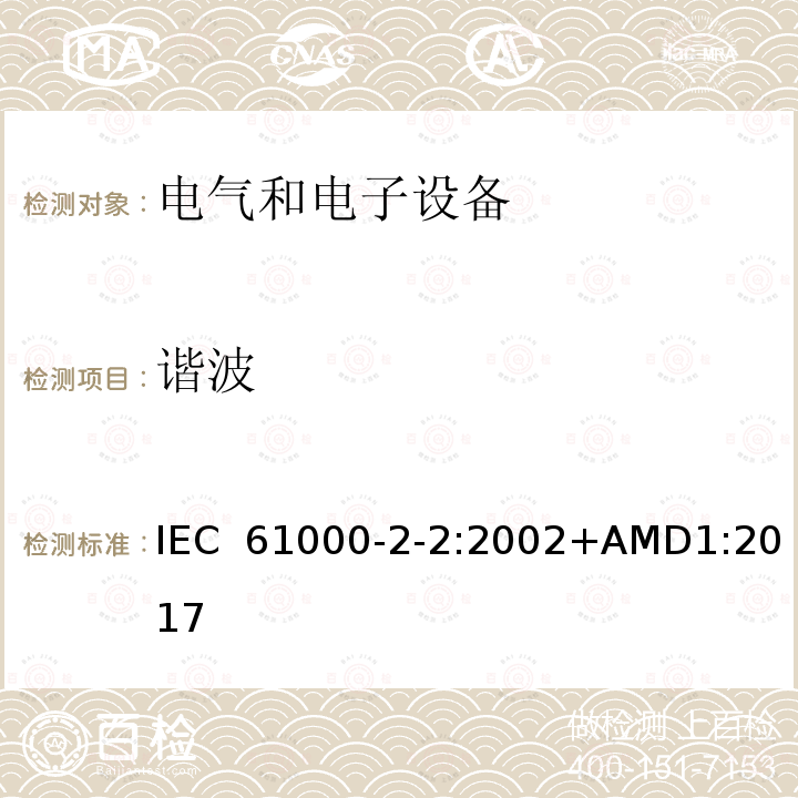 谐波 IEC 61000-2-2-2002 电磁兼容(EMC) 第2-2部分:环境 公用低压供电系统低频传导骚扰及信号传输的兼容水平