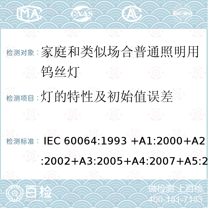 灯的特性及初始值误差 家用白炽灯的寿命 性能要求 IEC 60064:1993 +A1:2000+A2:2002+A3:2005+A4:2007+A5:2009EN 60064:1995+A2:2003+A3:2006+A4:2007+A5:2009+A11:2007