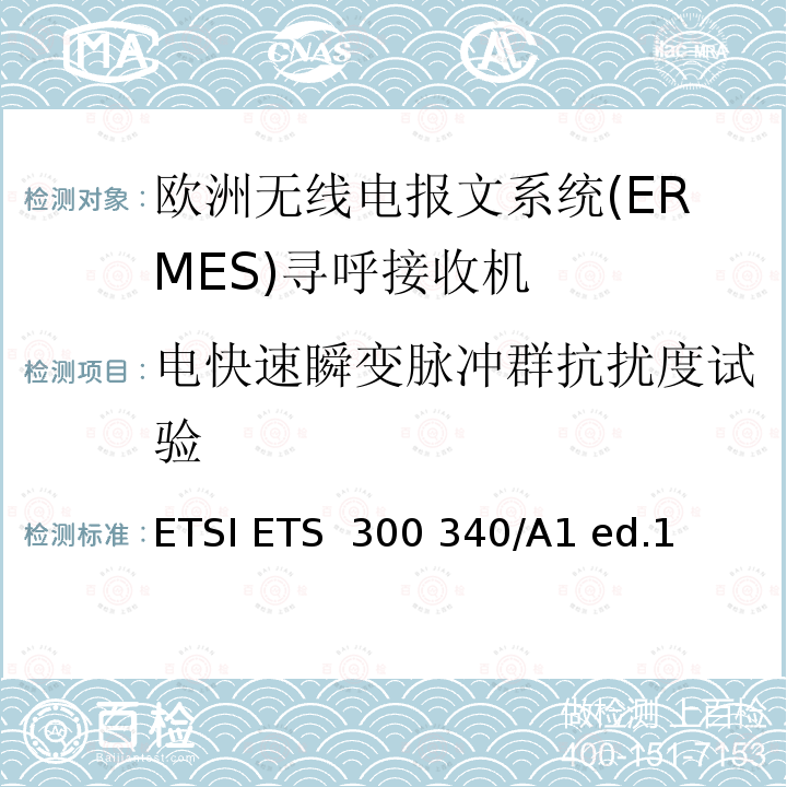 电快速瞬变脉冲群抗扰度试验 欧洲无线电报文系统(ERMES)寻呼接收机 ETSI ETS 300 340/A1 ed.1 (1997-03)