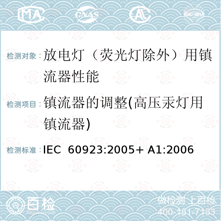 镇流器的调整(高压汞灯用镇流器) 灯用附件 放电灯（管形荧光灯除外）用镇流器 性能要求 IEC 60923:2005+ A1:2006