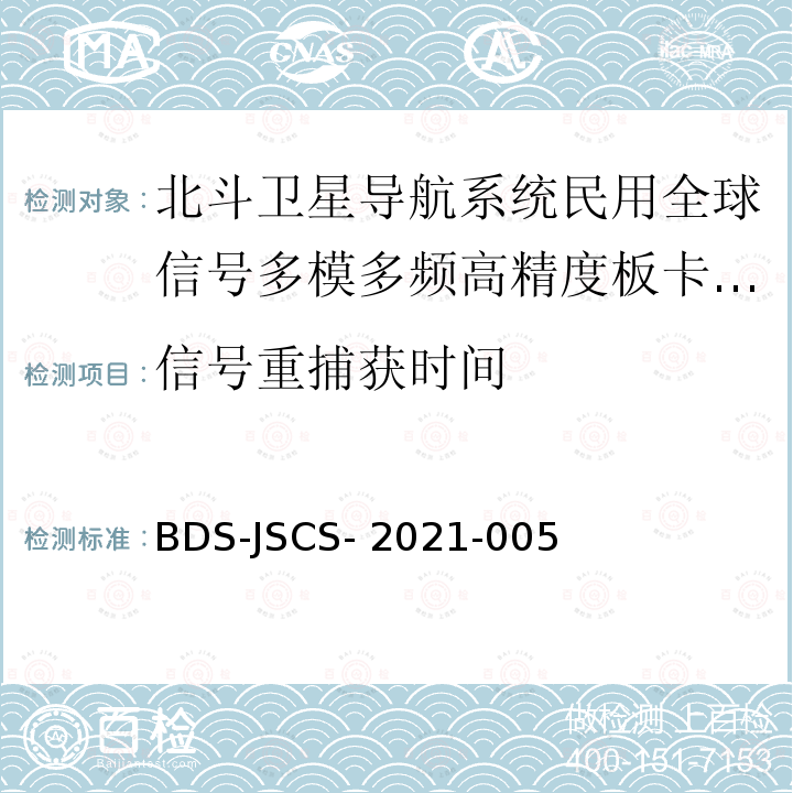 信号重捕获时间 BDS-JSCS- 2021-005 北斗卫星导航系统民用全球信号多模多频高精度板卡产品 技术要求和测试方法 BDS-JSCS-2021-005