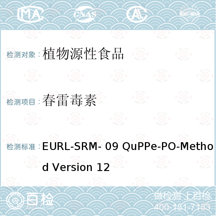 春雷毒素 EURL-SRM- 09 QuPPe-PO-Method Version 12 酸化甲醇提取液相色谱或离子色谱-质谱/质谱法快速分析植物源性食品中大量极性农药 EURL-SRM-09 QuPPe-PO-Method Version 12