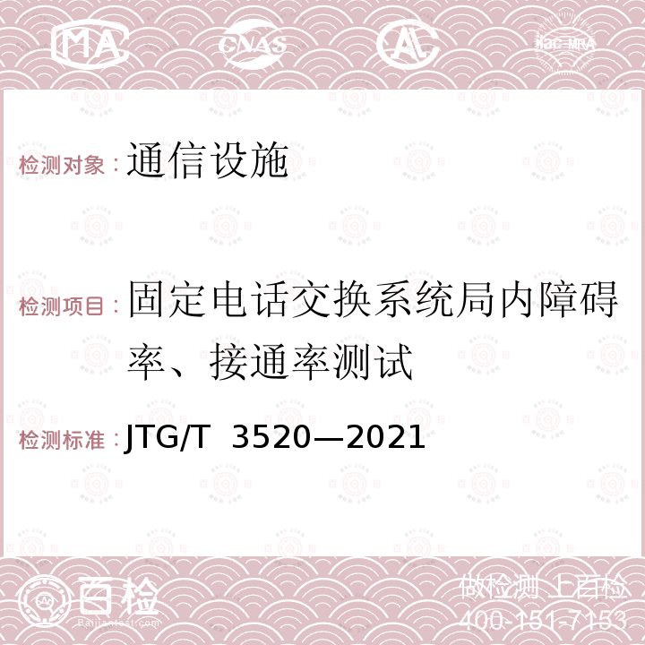 固定电话交换系统局内障碍率、接通率测试 JTG/T 3520-2021 公路机电工程测试规程