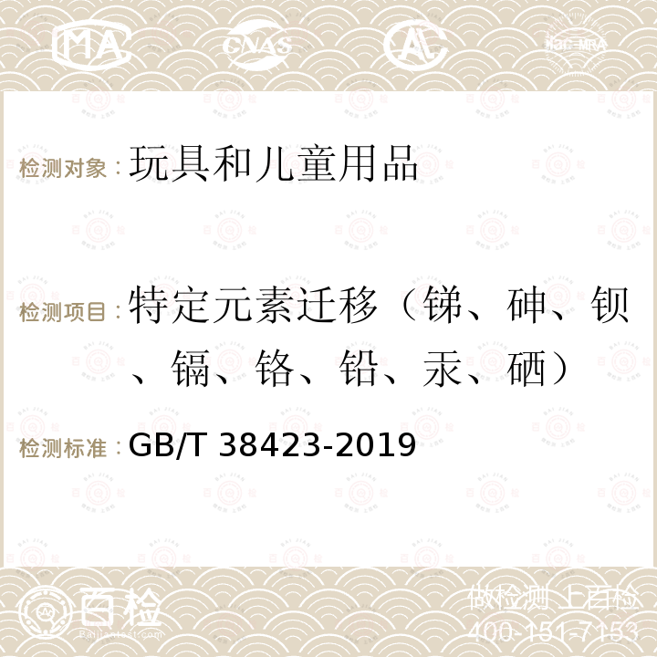 特定元素迁移（锑、砷、钡、镉、铬、铅、汞、硒） 玩具中特定元素总量的检测 GB/T38423-2019