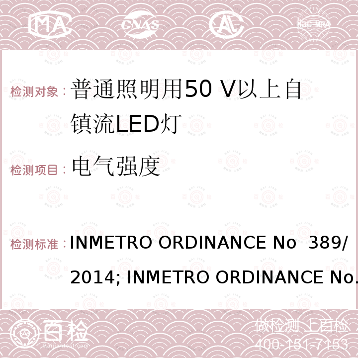 电气强度 LED灯泡技术质量要求 INMETRO ORDINANCE No 389/ 2014; INMETRO ORDINANCE No 143/2015; INMETRO ORDINANCE No 144/2015