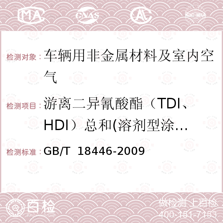 游离二异氰酸酯（TDI、HDI）总和(溶剂型涂料) GB/T 18446-2009 色漆和清漆用漆基 异氰酸酯树脂中二异氰酸酯单体的测定