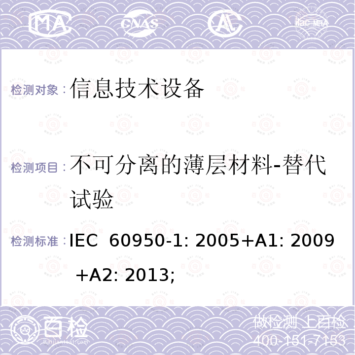 不可分离的薄层材料-替代试验 信息技术设备 安全 第1部分：通用要求 IEC 60950-1: 2005+A1: 2009 +A2: 2013;