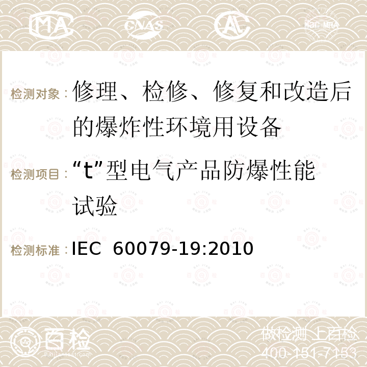 “t”型电气产品防爆性能试验 IEC 60079-19-2010 易爆气体环境 第19部分:设备修理,彻底检修和改造