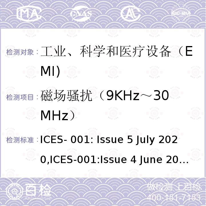 磁场骚扰（9KHz～30MHz） ICES-001 工业、科学和医疗（ISM）射频设备电磁骚扰特性的测量方法和限值 : Issue 5 July 2020,:Issue 4 June 2006 Updated November 2014