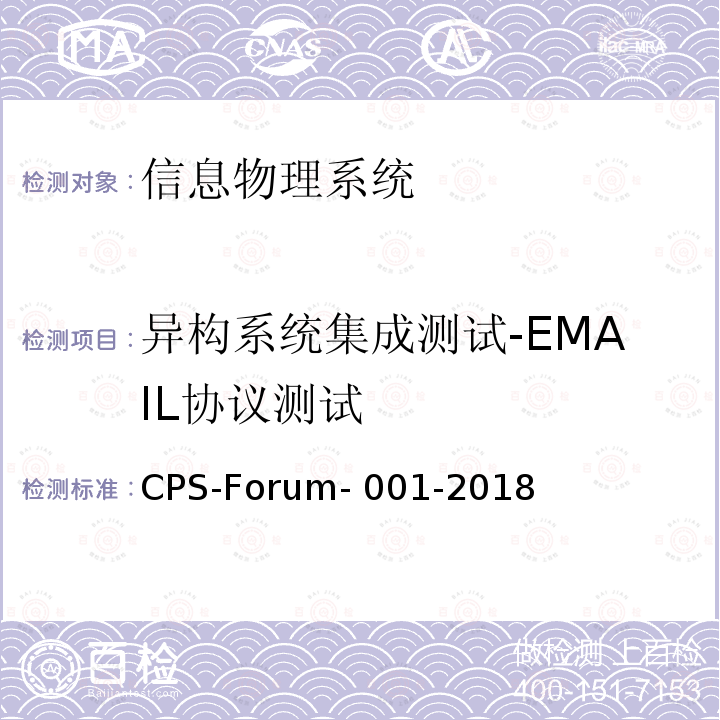 异构系统集成测试-EMAIL协议测试 CPS-Forum- 001-2018 信息物理系统共性关键技术测试规范 第二部分：CPS异构系统集成测试 CPS-Forum-001-2018