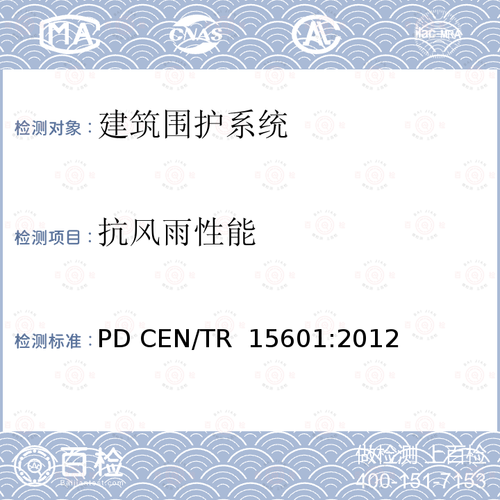 抗风雨性能 PD CEN/TR  15601:2012 建筑物的湿热性能-不连续放置的小型屋面覆盖物的-试验方法 PD CEN/TR 15601:2012