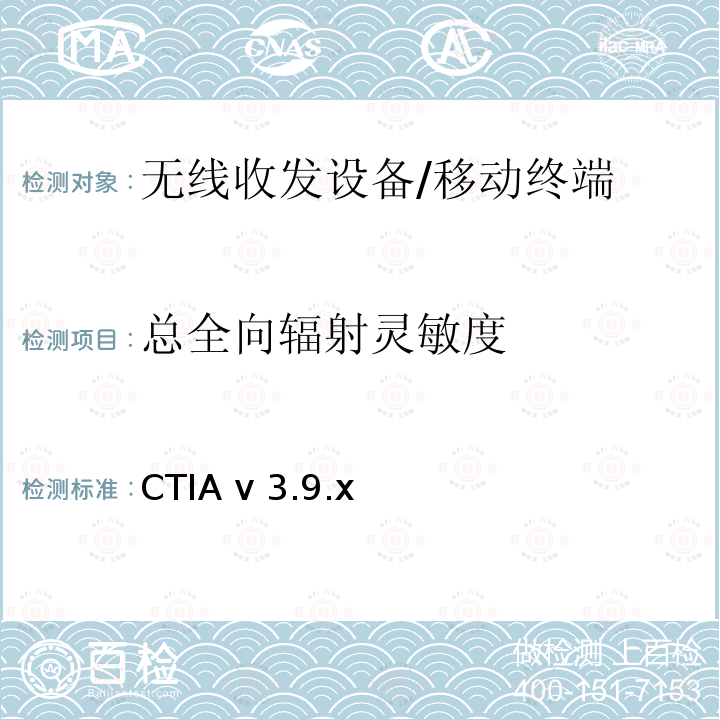 总全向辐射灵敏度 CTIA v 3.9.x 无线终端天线性能测试计划 CTIA v3.9.x