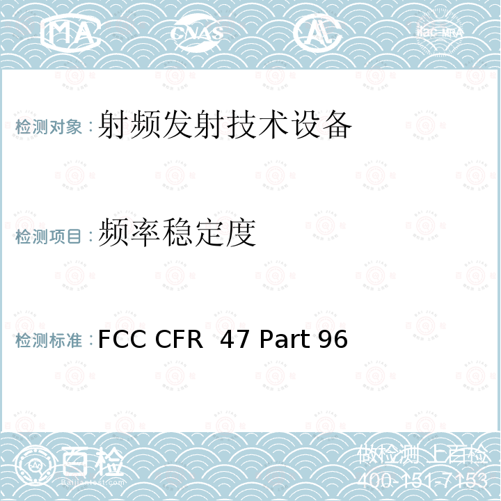 频率稳定度 FCC CFR 47 PART 96 FCC 联邦法令 第47项–通信第96部分 城镇宽带射频业务 FCC CFR 47 Part 96