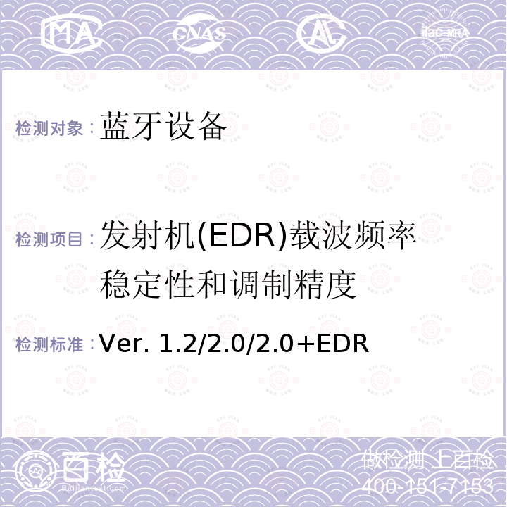 发射机(EDR)载波频率稳定性和调制精度 Ver. 1.2/2.0/2.0+EDR 蓝牙射频测试规范Ver.1.2/2.0/2.0+EDR  