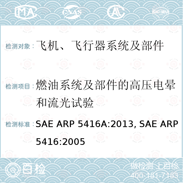 燃油系统及部件的高压电晕和流光试验 SAE ARP 5416A:2013, SAE ARP5416:2005 飞机雷电试验方法 SAE ARP5416A:2013, SAE ARP5416:2005