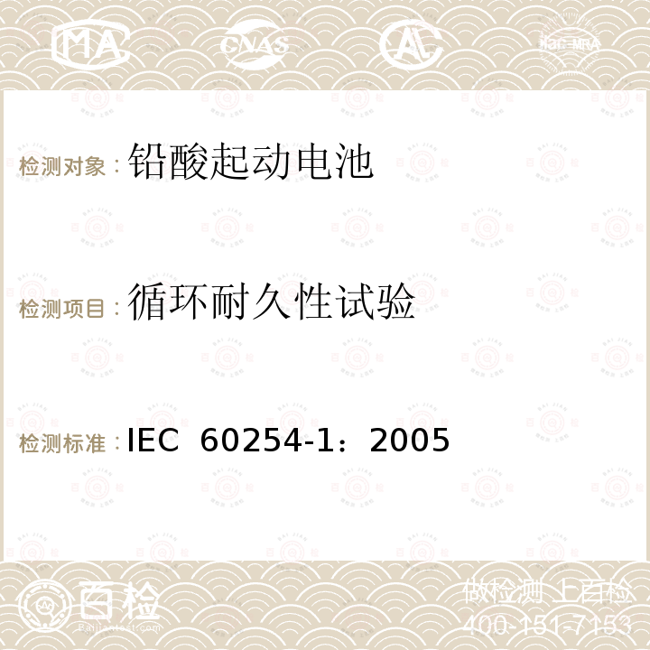 循环耐久性试验 铅酸起动电池第1部分：一般要求和试验方法 IEC 60254-1：2005