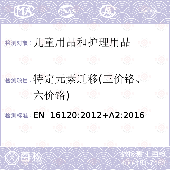 特定元素迁移(三价铬、 六价铬) EN 16120:2012 儿童用品和护理用品 - 椅安装座 / 玩具安全 - 第3部分: 特定元素迁移 +A2:2016(E) 条款 6 / EN 71-3:2019+A1:2021(E)