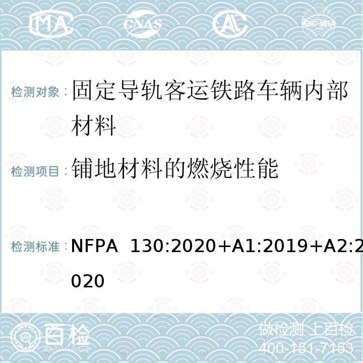 铺地材料的燃烧性能 NFPA  130:2020+A1:2019+A2:2020 固定导轨客运铁路系统测试 NFPA 130:2020+A1:2019+A2:2020