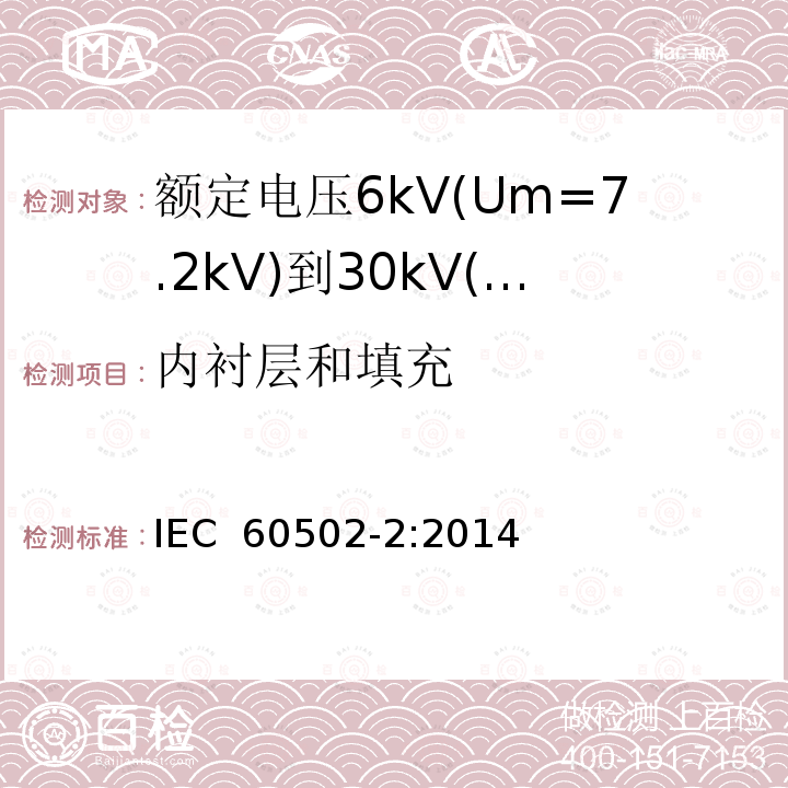 内衬层和填充 额定电压1kV(Um=1.2kV)到30kV(Um=36kV)挤包绝缘电力电缆及附件 第2部分：额定电压6kV(Um=7.2kV)到30kV(Um=36kV)电缆 IEC 60502-2:2014