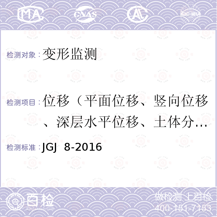 位移（平面位移、竖向位移、深层水平位移、土体分层竖向位移） JGJ 8-2016 建筑变形测量规范(附条文说明)