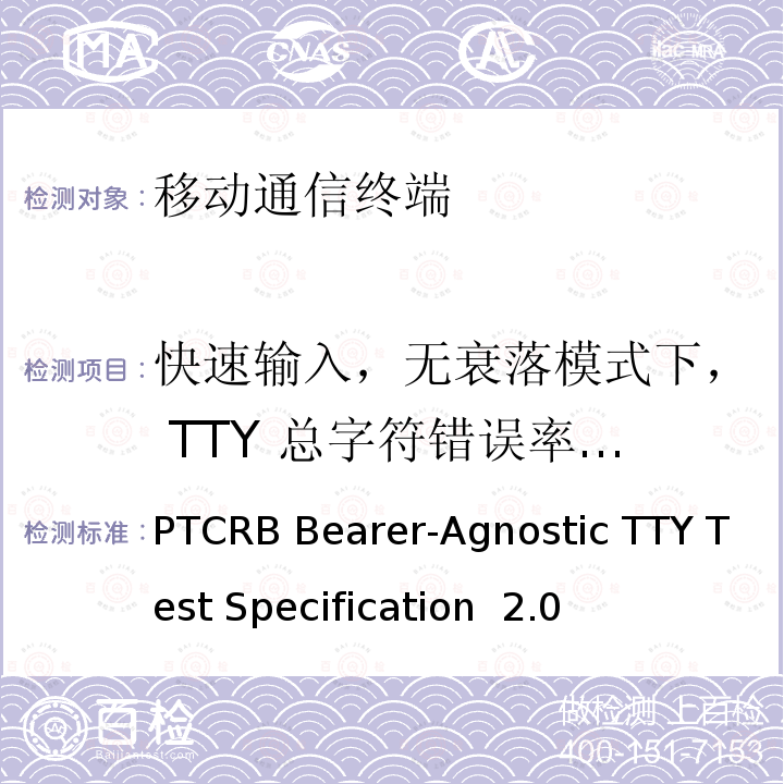 快速输入，无衰落模式下， TTY 总字符错误率测试 PTCRB Bearer-Agnostic TTY Test Specification  2.0 TTY测试规范 PTCRB Bearer-Agnostic TTY Test Specification 2.0