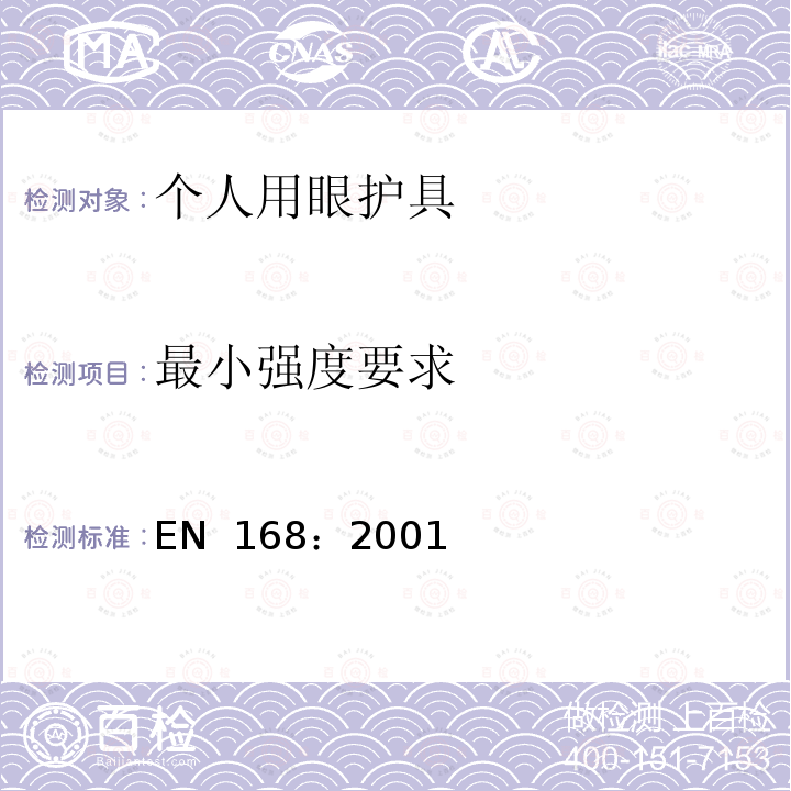 最小强度要求 EN 168:2001 个人眼部防护 非光学测试方法 EN 168：2001