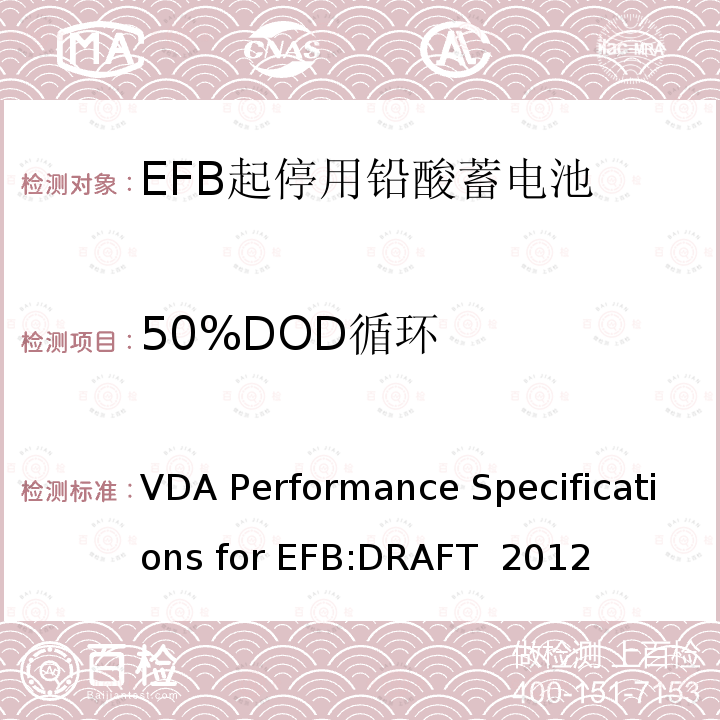 50%DOD循环 VDA Performance Specifications for EFB:DRAFT  2012 德国汽车工业协会EFB起停用电池要求规范 VDA Performance Specifications for EFB:DRAFT 2012