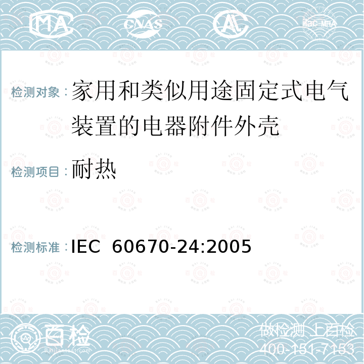 耐热 家用和类似用途固定式电气装置的电器附件安装盒和外壳第24部分：住宅保护装置和其他电源功耗电器的外壳的特殊要求  IEC 60670-24:2005