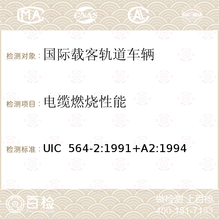 电缆燃烧性能 UIC  564-2:1991+A2:1994 国际载客轨道车辆防火和消防规范（国际铁盟标准 UIC 564-2:1991+A2:1994
