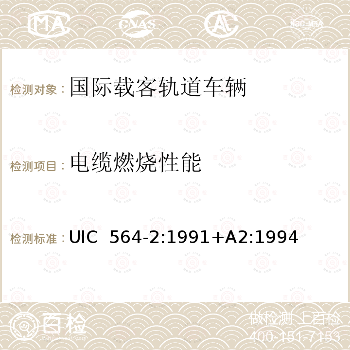 电缆燃烧性能 国际载客轨道车辆防火和消防规范（国际铁盟标准 UIC 564-2:1991+A2:1994