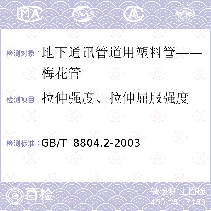 拉伸强度、拉伸屈服强度 GB/T 8804.2-2003 热塑性塑料管材 拉伸性能测定 第2部分:硬聚氯乙烯(PVC-U)、氯化聚氯乙烯(PVC-C)和高抗冲聚氯乙烯(PVC-HI)管材