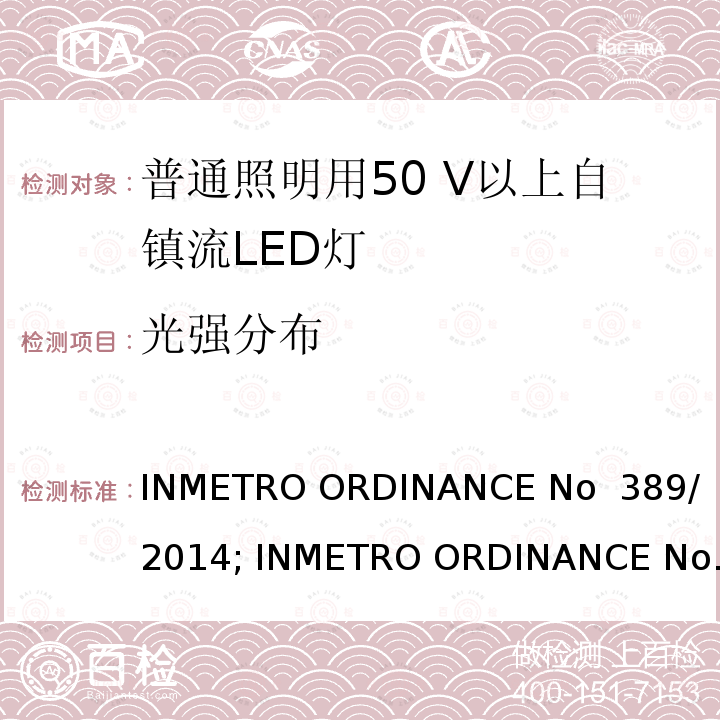 光强分布 LED灯泡技术质量要求 INMETRO ORDINANCE No 389/ 2014; INMETRO ORDINANCE No 143/2015; INMETRO ORDINANCE No 144/2015