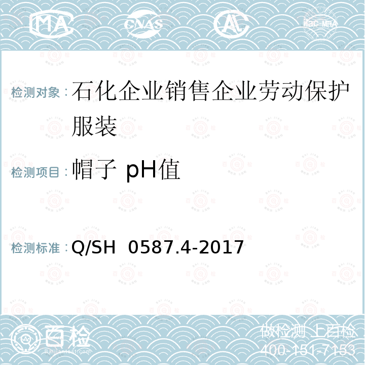 帽子 pH值 Q/SH 0587.4-2017 劳动保护服装技术要求 第4部分：销售企业 